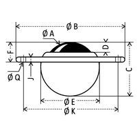 - Ø A: esfera Ø - Ø B: Ø total - C: altura total - D: saída da esfera - Ø E: Ø útil - F: saída total - J: placa esp. - Ø K: entre-eixo orifício de fixação - Ø Q: orifício de fixação Ø