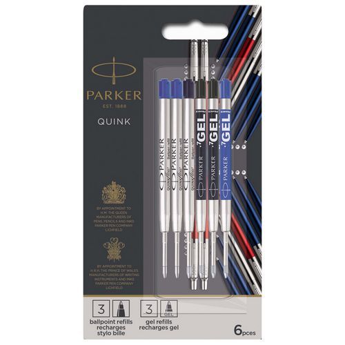 Conjunto de recargas Parker 3 gel + 3 esferográficas pretas e azuis – Parker