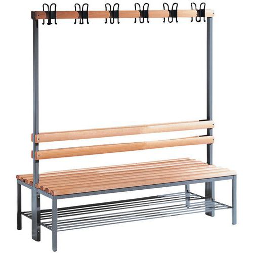 Banco-cabide em madeira CP – 8 a 16 cabides – face dupla – com grelha para calçado – CP
