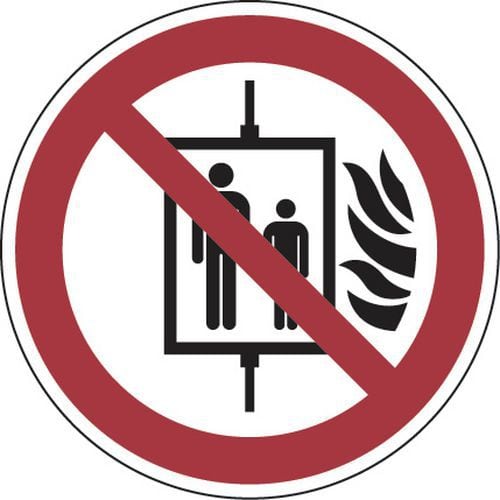 Painel de proibição – Proibido o uso de elevador em caso de incêndio – alumínio, REDONDO