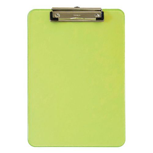 Porta-blocos A4 néon PS transparente, vertical, com pinça em arco – Maul