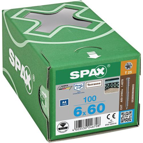 Caixa de 100 parafusos de cabeça cilíndrica para deck TX Ø 6 mm - Spax Caixa de 100 parafusos de cabeça cilíndrica para deck TX Ø 6 mm - Spax