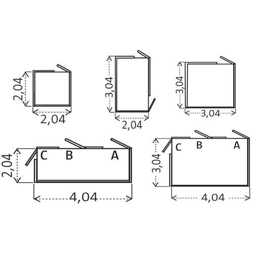 Indicar na encomenda a localização das portas A, B ou C. As portas abrem-se apenas para o exterior. Dimensões totais em m. Indicar na encomenda a localização das portas A, B ou C. As portas abrem-se apenas para o exterior. Dimensões totais em m.