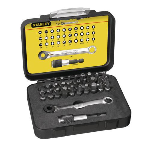 Caixa de pontas de aparafusamento 1/4 + mini roquete Fatmax pro - 32 peças Caixa de pontas de aparafusamento 1/4 + mini roquete Fatmax pro - 32 peças