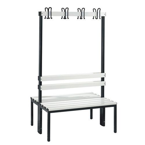 Banco-cabide em PVC CP - 8 a 16 ganchos - Dupla face - Com espaldar Banco-cabide em PVC CP - 8 a 16 ganchos - Dupla face - Com espaldar
