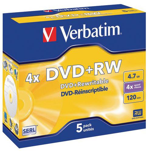 DVD+RW regravável 4X lote de 5 Verbatim Manutan.pt