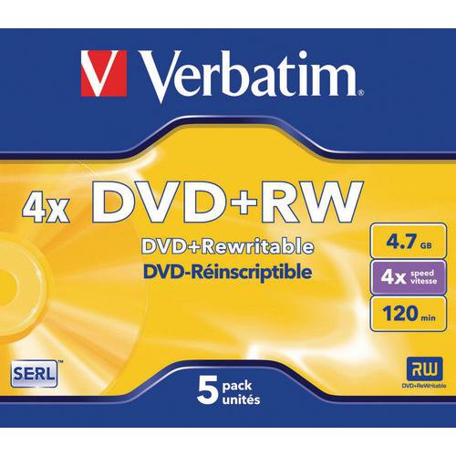 DVD+RW regravável 4X lote de 5 Verbatim Manutan.pt
