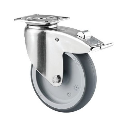 Rodízio giratório de olhal com placa e travão – Capacidade de carga de 80 kg Rodízio giratório de olhal com placa e travão – Capacidade de carga de 80 kg