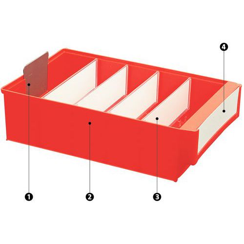 1 - lingueta de bloqueio das caixas no caso de utilização numa estante 2 - bordas resistentes em polipropileno 3 - divisórias transversais 4 - etiquetas adaptáveis às caixas e divisórias 1 - lingueta de bloqueio das caixas no caso de utilização numa estante 2 - bordas resistentes em polipropileno 3 - divisórias transversais 4 - etiquetas adaptáveis às caixas e divisórias