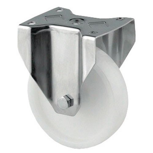 Rodízio fixo com placa em nylon com garfo em inox - Capacidade 200 a 400 kg Rodízio fixo com placa em nylon com garfo em inox - Capacidade 200 a 400 kg