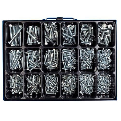 Caixa de parafusos de cabeça hexagonal com rosca total e parcial com porcas hexagonais - 758 peças Caixa de parafusos de cabeça hexagonal com rosca total e parcial com porcas hexagonais - 758 peças