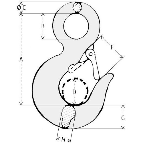 A = Altura totalB = Ø olhalC = ØD = Ø do ganchoF = AberturaG = Altura da baseH = Espessura A = Altura totalB = Ø olhalC = ØD = Ø do ganchoF = AberturaG = Altura da baseH = Espessura