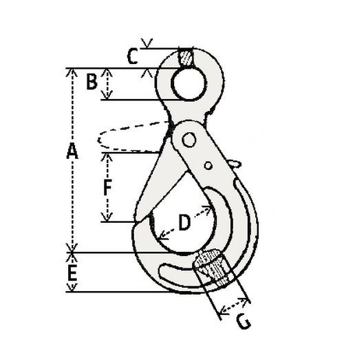 A = Altura totalB = Ø olhalC = ØD = Ø do ganchoE = Altura da baseF = AberturaG = Espessura A = Altura totalB = Ø olhalC = ØD = Ø do ganchoE = Altura da baseF = AberturaG = Espessura