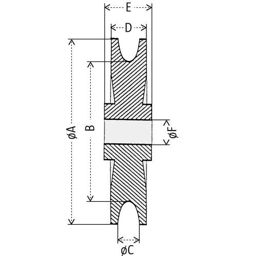 A - Ø roldana B - Ø fundo de sulcoD - Polia larguraE - Cubo comprimentoF - Cubo Ø A - Ø roldana B - Ø fundo de sulcoD - Polia larguraE - Cubo comprimentoF - Cubo Ø