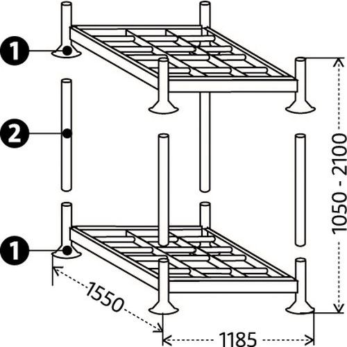 1 - base Manurack fornecida de série: 1 plataforma + 4 pés2 - 4 apoios de empilhamento para sobreposição de 2 bases (apoios não fornecidos, opcionais) 1 - base Manurack fornecida de série: 1 plataforma + 4 pés2 - 4 apoios de empilhamento para sobreposição de 2 bases (apoios não fornecidos, opcionais)