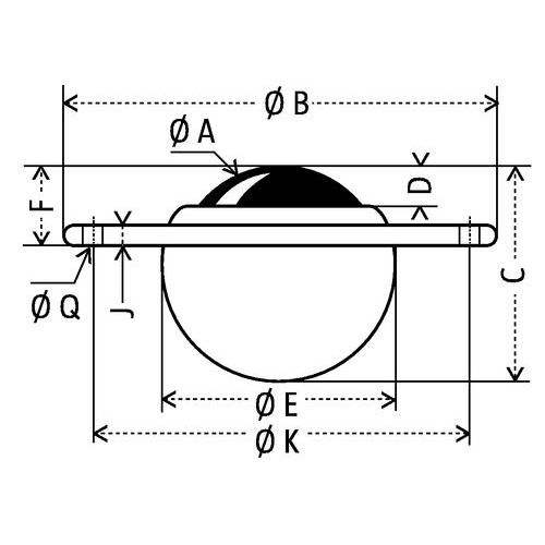 - Ø A: esfera Ø - Ø B: Ø total - C: altura total - D: saída da esfera - Ø E: Ø útil - F: saída total - J: placa esp. - Ø K: entre-eixo orifício de fixação - Ø Q: orifício de fixação Ø - Ø A: esfera Ø - Ø B: Ø total - C: altura total - D: saída da esfera - Ø E: Ø útil - F: saída total - J: placa esp. - Ø K: entre-eixo orifício de fixação - Ø Q: orifício de fixação Ø