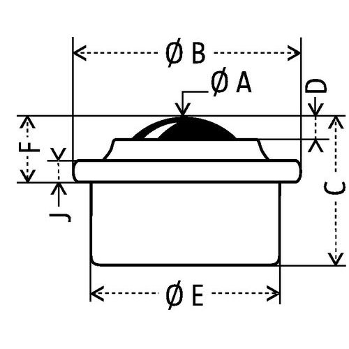 Esfera de suporte em aço embutido:- Ø A: Ø da esfera- Ø B: Ø total- C: altura total- D: ultrapassagem da esfera- Ø E: Ø útil- F: ultrapassagem total- J: espessura da placa Esfera de suporte em aço embutido:- Ø A: Ø da esfera- Ø B: Ø total- C: altura total- D: ultrapassagem da esfera- Ø E: Ø útil- F: ultrapassagem total- J: espessura da placa
