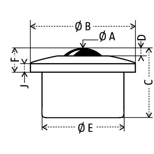 Esfera com resguardo maquinado: - Ø A: esfera Ø - Ø B: Ø total - C: altura total - D: saída da esfera - Ø E: Ø útil - F: saída total - J: placa esp. Esfera com resguardo maquinado: - Ø A: esfera Ø - Ø B: Ø total - C: altura total - D: saída da esfera - Ø E: Ø útil - F: saída total - J: placa esp.
