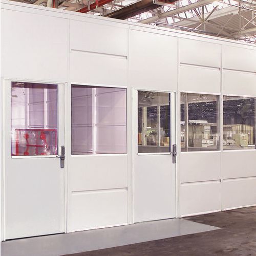 Porta rebatível para divisórias de oficina em chapa de aço - Painel vidrado - Altura 3.01 m Porta rebatível para divisórias de oficina em chapa de aço - Painel vidrado - Altura 3.01 m