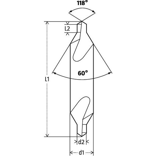 d1: Ø total d2: broca Ø L1: comprimento L2: comprimento útil d1: Ø total d2: broca Ø L1: comprimento L2: comprimento útil