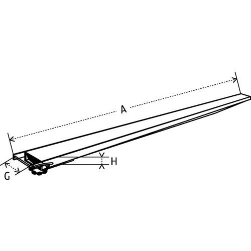 A = Garfo comprimento útilG = Garfo seção comprimento máx.H = Largura garfo seção máx. A = Garfo comprimento útilG = Garfo seção comprimento máx.H = Largura garfo seção máx.