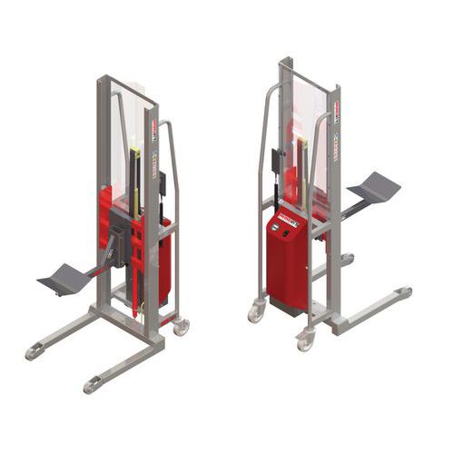 Empilhador GR semielétrico com espigão com rolete e plataforma em V – capacidade de 300 kg Empilhador GR semielétrico com espigão com rolete e plataforma em V – capacidade de 300 kg