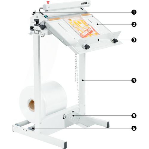 1 - suporte Polylock2 - tampo de trabalho3 - batente regulável4 - suporte5 - pedal de comando6 - rolos para suporte 1 - suporte Polylock2 - tampo de trabalho3 - batente regulável4 - suporte5 - pedal de comando6 - rolos para suporte