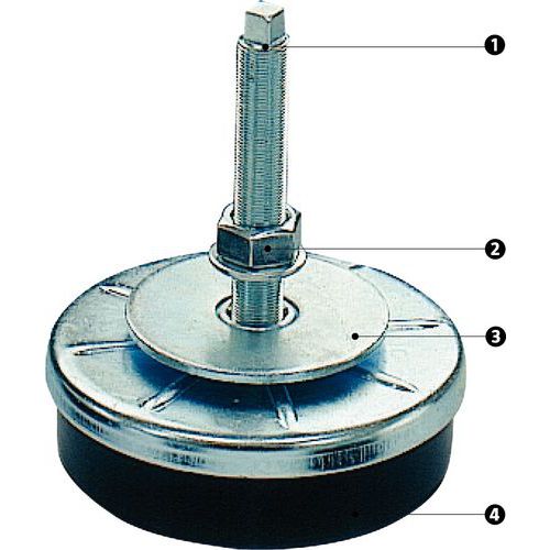 1 - haste roscada2 - contra porca e anilha para fixação na máquina3 - placa suporte em aço4 - elemento amortecedor em borracha nitrilo máquina 1 - haste roscada2 - contra porca e anilha para fixação na máquina3 - placa suporte em aço4 - elemento amortecedor em borracha nitrilo máquina