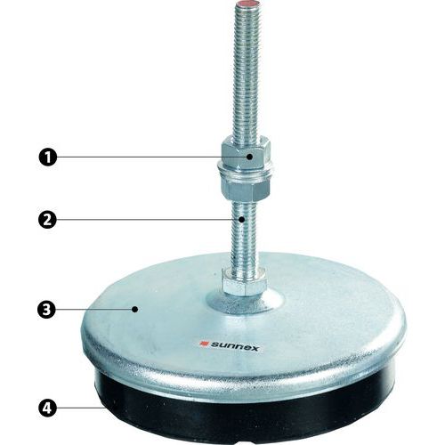1 - porcas e anilhas para nivelamento e bloqueio2 - parafuso de fixação/nivelamento: permite uma inclinação de 7° 3 - placa suporte em aço4 - elemento amortecedor em borracha nitrilo 1 - porcas e anilhas para nivelamento e bloqueio2 - parafuso de fixação/nivelamento: permite uma inclinação de 7° 3 - placa suporte em aço4 - elemento amortecedor em borracha nitrilo