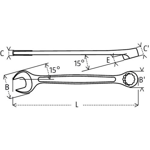 B/B': Ø da cabeçaC: espessura do garfoC': altura da cabeçaE: inclinaçãoL: comprimento B/B': Ø da cabeçaC: espessura do garfoC': altura da cabeçaE: inclinaçãoL: comprimento