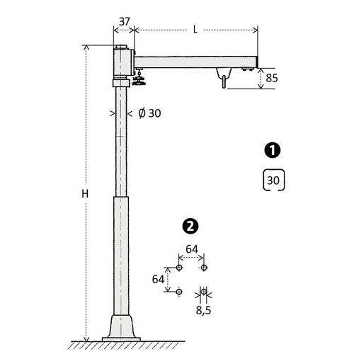 grua para fixar ao solo 1 - calha C 30 x 32 2 - placa de fixação H = altura total L = alcance grua para fixar ao solo 1 - calha C 30 x 32 2 - placa de fixação H = altura total L = alcance