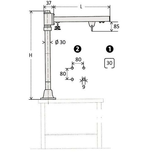 grua de fixação na bancada1 – calha, C: 30 × 322 – placa de fixaçãoA = altura totalL = alcance grua de fixação na bancada1 – calha, C: 30 × 322 – placa de fixaçãoA = altura totalL = alcance