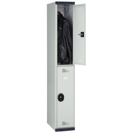 Cacifo com 2 compartimentos e cabides Seamline Optimum® – 1 coluna de 300 mm de largura – Com base – Acial Cacifo com 2 compartimentos e cabides Seamline Optimum® – 1 coluna de 300 mm de largura – Com base – Acial