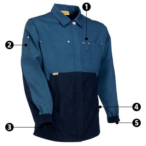 1 - rebites2 - bolso para lápis3 - zona de protecção em Cordura® algodão4 - bolsos grandes com aberturas laterais 5 - punhos semi-elásticos para limitar os riscos de arranque 1 - rebites2 - bolso para lápis3 - zona de protecção em Cordura® algodão4 - bolsos grandes com aberturas laterais 5 - punhos semi-elásticos para limitar os riscos de arranque