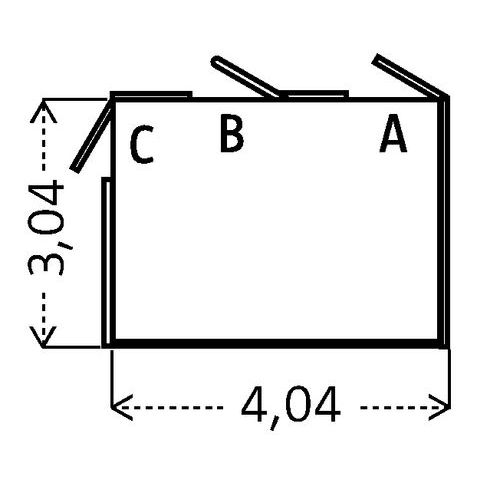Localização das portas A, B ou C a especificar na encomenda. As portas abrem apenas para o exterior. Dimensões totais em m. Localização das portas A, B ou C a especificar na encomenda. As portas abrem apenas para o exterior. Dimensões totais em m.