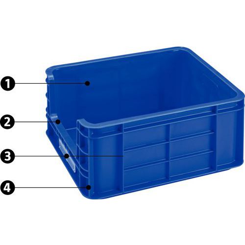 1 - paredes interiores lisas2 - abertura frontal grande3 - porta-etiqueta4 - nervuras de reforço 1 - paredes interiores lisas2 - abertura frontal grande3 - porta-etiqueta4 - nervuras de reforço