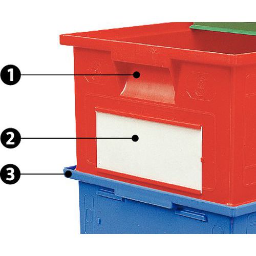1 - Pega de transporte2 - Porta-etiqueta de grandes dimensões3 - Rebordos de empilhamento 1 - Pega de transporte2 - Porta-etiqueta de grandes dimensões3 - Rebordos de empilhamento