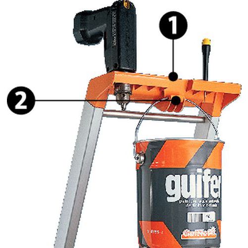 1 - suporte para aparafusadora, cavilhas e ferramentas2 - gancho porta-balde 1 - suporte para aparafusadora, cavilhas e ferramentas2 - gancho porta-balde