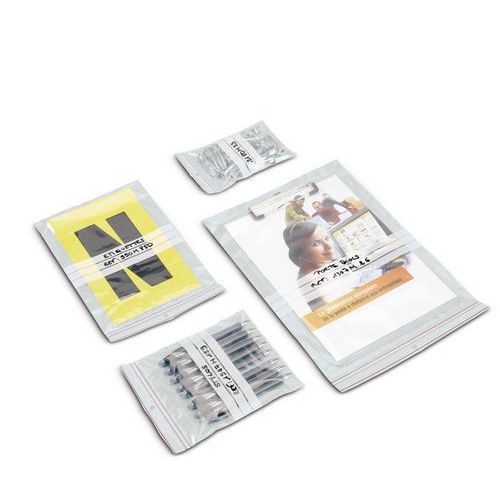 Saqueta plástica Minigrip® 60 mícrones - Com faixas brancas - Com orifício de ventilação Saqueta plástica Minigrip® 60 mícrones - Com faixas brancas - Com orifício de ventilação