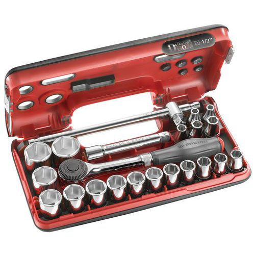 Caixa com chave de roquete de cabo rotativo S.360 + chaves de caixa 1/2'' sextavadas – 21 peças Caixa com chave de roquete de cabo rotativo S.360 + chaves de caixa 1/2'' sextavadas – 21 peças