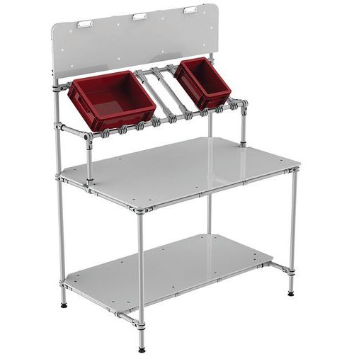 Posto de trabalho frontal com 2 prateleiras com painel de informação – Trilogiq Posto de trabalho frontal com 2 prateleiras com painel de informação – Trilogiq