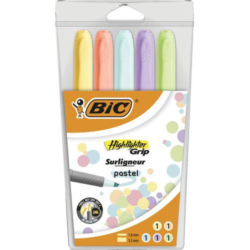 Marcador Highlighter Grip – Pastel – Embalagem com 5 marcadores sortidos – BIC Marcador Highlighter Grip – Pastel – Embalagem com 5 marcadores sortidos – BIC