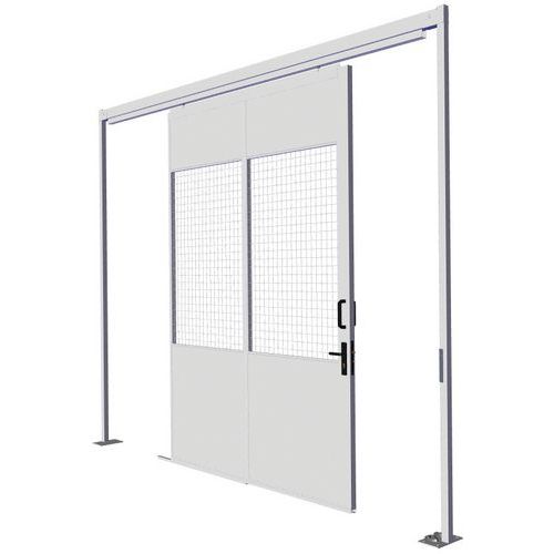 Porta corrediça para divisórias de oficina em chapa de aço - Painel gradeado - Altura 3.01 m Porta corrediça para divisórias de oficina em chapa de aço - Painel gradeado - Altura 3.01 m